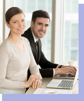 two people with laptops smiling doing professional transcription service